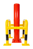 Säulenschutz aus Ø60 mm Rohr. Abmessungen: 500x500 mm. Höhe 600 mm. auf Fußplatte. Gelb/Schwarz (geliefert in 2 Teilen)