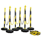 Kunststoffabsperrpoller mit Ketten gelb-schwarz mit befüllbarem Fuß (6 Stück im Set)